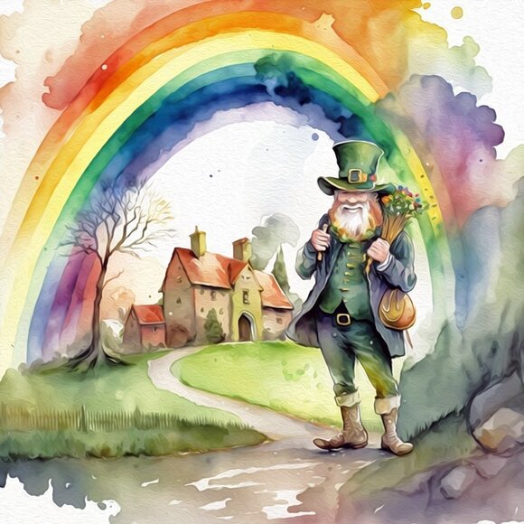 St. Patricks Day Leprechaun Rainbow Lucky Irish Watercolor Oil Painting Print - Picture 5 of 5